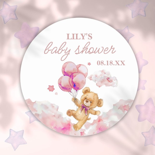 Sticker Rond On peut attendre le Baby shower de fille rose (We Can Bearly Wait Pink Girl Baby Shower Classic Round Sticker)