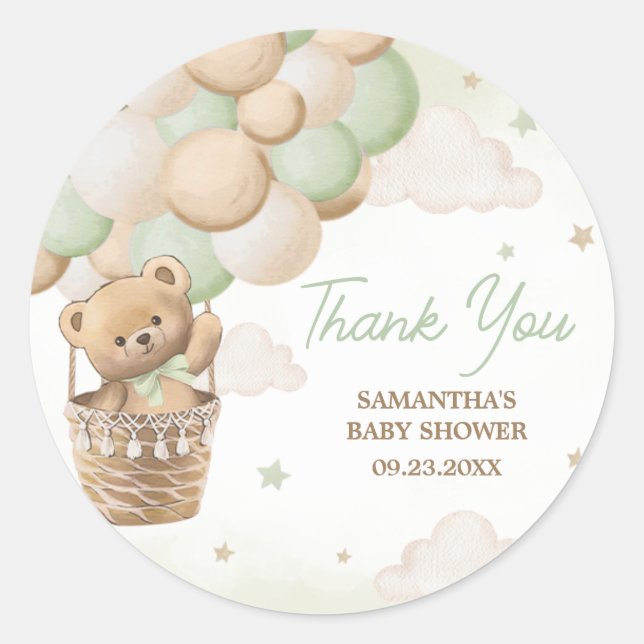 Sticker Rond On peut attendre le Baby shower de l'ours vert (Devant)