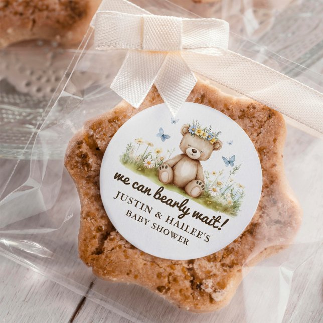 Sticker Rond On peut attendre le Baby shower Fleur sauvage fill (Créateur téléchargé)