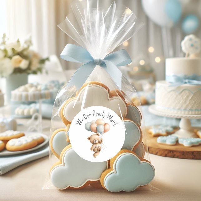 Sticker Rond On Peut Attendre Mignonne Baby shower Garçon Ours (Créateur téléchargé)