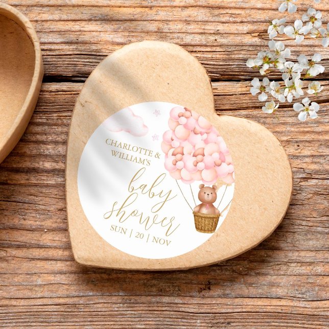 Sticker Rond On Peut Attendre Teddy Bear Baby shower rose (Créateur téléchargé)