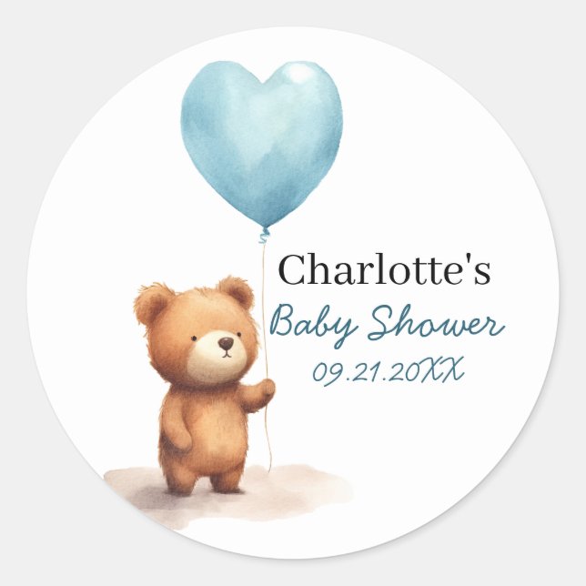 Sticker Rond On Peut Attendre Teddy Bear Blue Boy Baby shower (Devant)