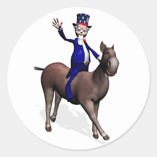 Sticker Rond Oncle Sam chevauchant un âne (Devant)