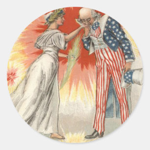 Sticker Rond Oncle Sam Lady Liberty Drapeau américain Feux d'ar