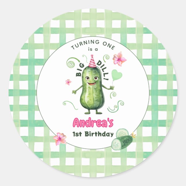 Sticker Rond One Big Dill Pickle First Birthday Pink (Devant)