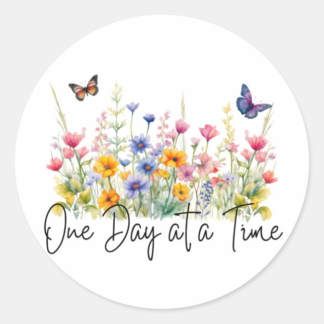 Sticker Rond One Day at a Time Inspirational Quote Wildflowers (Devant)