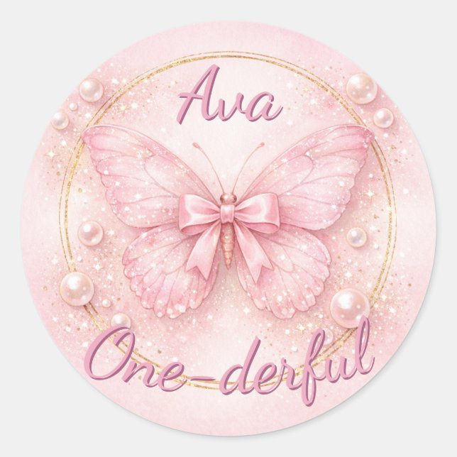 Sticker Rond One-derful Pink Butterfly 1st Birthday  (Devant)