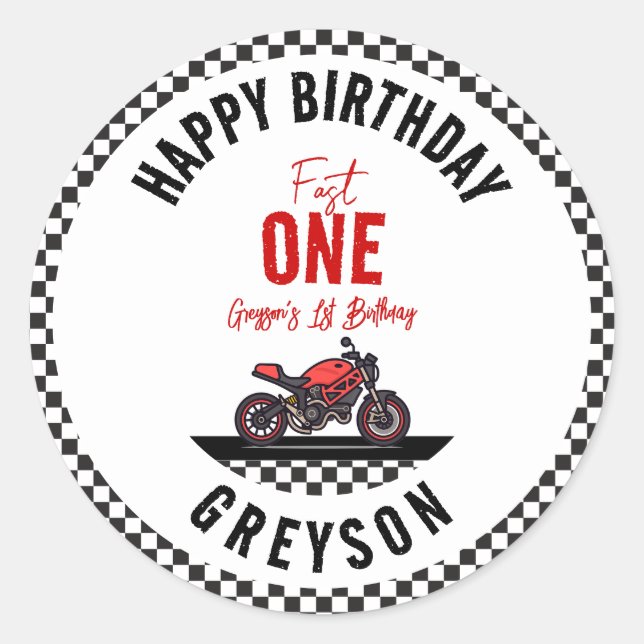 Sticker Rond One Fast Race Motorcycle Boy 1st Birthday Party (Devant)