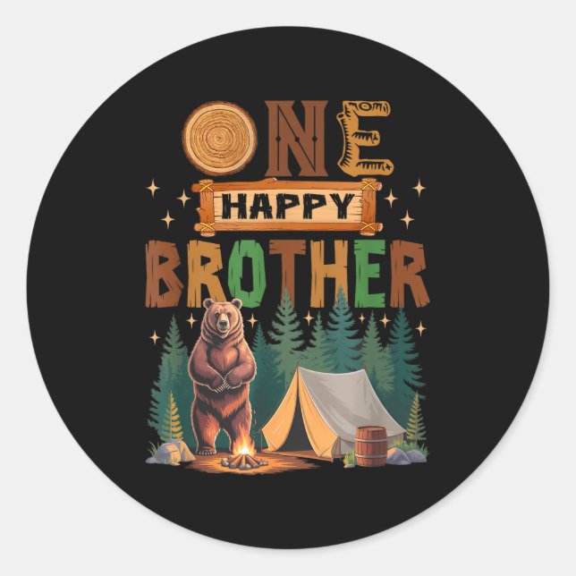 Sticker Rond One Happy Brother Camper 1st Birthday Camng Bear  (Devant)