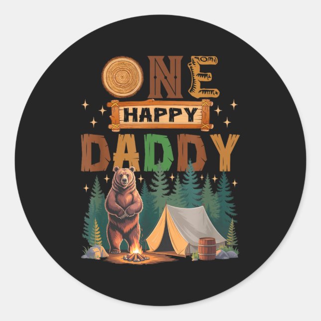 Sticker Rond One Happy Daddy Camper 1st Birthday Camng Bear  (Devant)