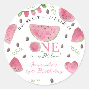 Sticker Rond One in a Melon Cute Watermelon Girl 1er anniversai