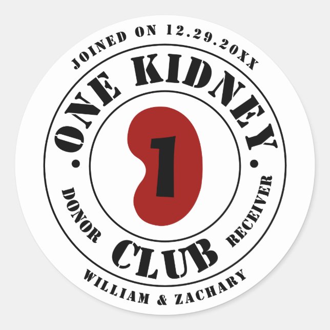 Sticker Rond One Kidney Club Donor Receiver Names Date (Devant)