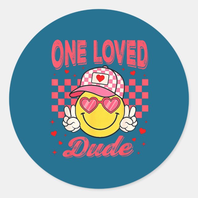 Sticker Rond One Loved Dude Checkered Heart Valentines Day Boys (Devant)