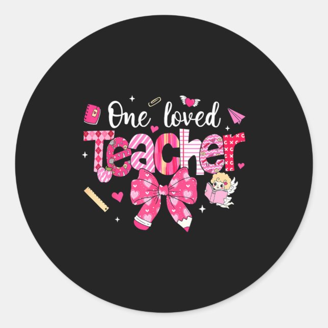 Sticker Rond One Loved Teacher Coquette Bow Pencil Valentine Gi (Devant)