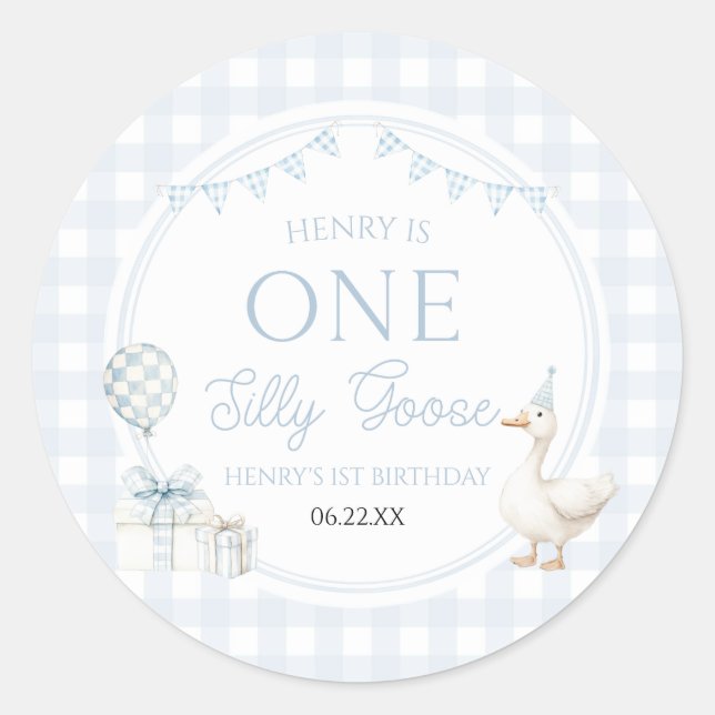 Sticker Rond ONE Silly Goose Blue 1st Birthday Party (Devant)