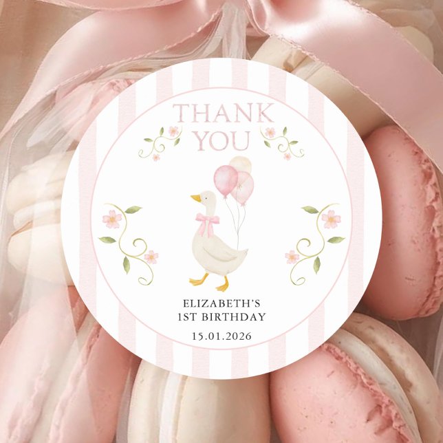 Sticker Rond One Silly Goose Girl 1st Birthday Pink Thank You (Créateur téléchargé)