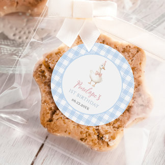 Sticker Rond One Silly Goose Girls 1st Birthday Blue Gingham