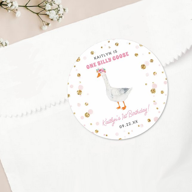 Sticker Rond One Silly Goose Girls 1st Birthday Party (Créateur téléchargé)