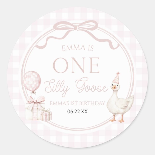 Sticker Rond ONE Silly Goose Pink Bow 1st Birthday Party (Devant)
