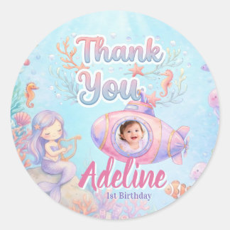 Sticker Rond ONEder the Sea Girl 1st Birthday Photo Thank You