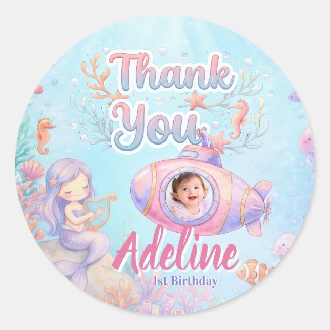 Sticker Rond ONEder the Sea Girl 1st Birthday Photo Thank You (Devant)