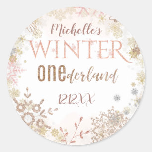 Sticker Rond Onederland d'hiver 1er Anniversaire Pink Snowflake