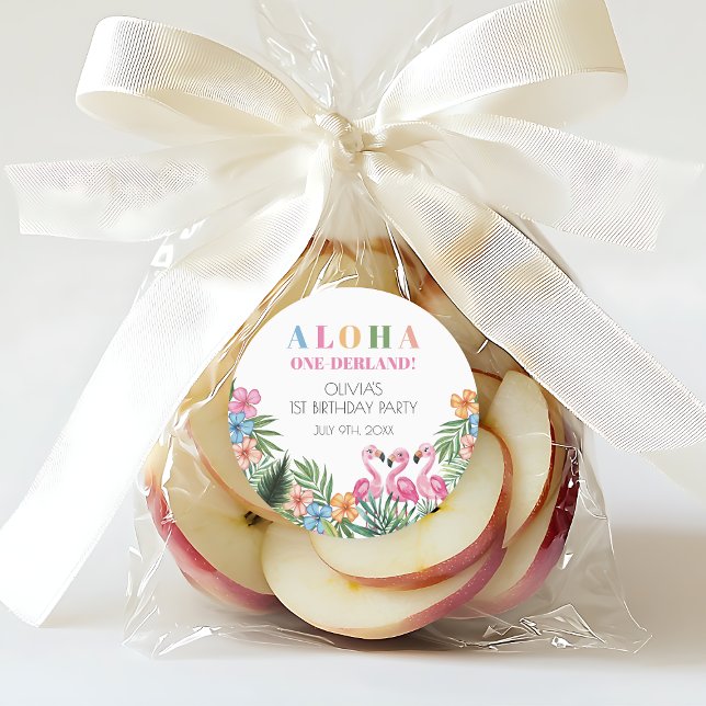 Sticker Rond Onederland Été Flamant rose tropical 1er anniversa (Onederland Summer Tropical Flamingo 1st Birthday Classic Round Sticker)