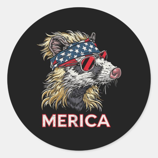 Sticker Rond Opossum Possum - Patriotique Usa 4 juillet Amériqu (Devant)
