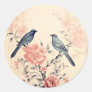 Sticker Rond Opulence Rose Pâle Éculé, Oiseau Shabby Chic