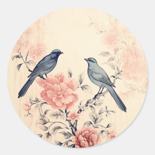 Sticker Rond Opulence Rose Pâle Éculé, Oiseau Shabby Chic (Devant)
