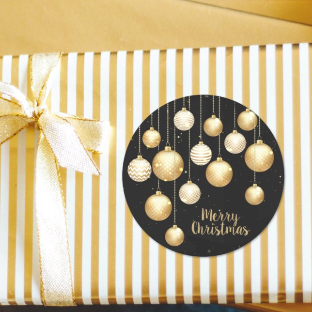 Sticker Rond Or Baubles ornements de Noël sur Noir (Créateur téléchargé)