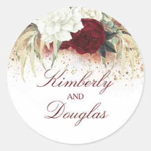 Sticker Rond Or blanc et Mariage floral rouge Bourgogne