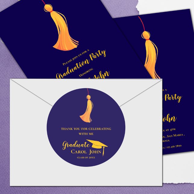 Sticker Rond Or bleu à pompon 2025 Remerciements de fin d'étude (Blue Gold Tassel 2025 Graduation Thank you Classic Round Sticker)