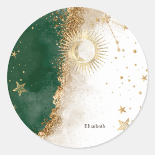 Sticker Rond Or Céleste Soleil Et Lune Étoiles Vert