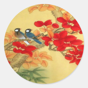 Sticker Rond Or chinois et Flore rouge