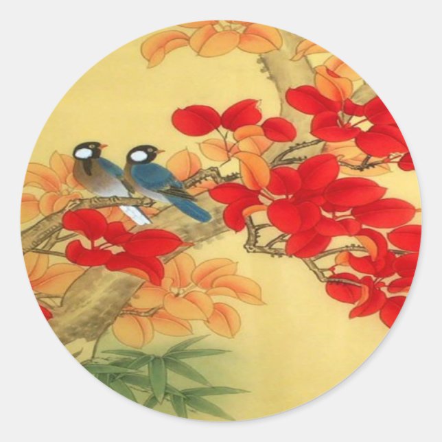 Sticker Rond Or chinois et Flore rouge (Devant)
