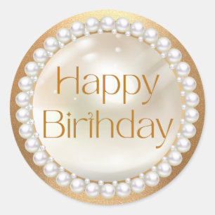 Sticker Rond or d'anniversaire heureux script perles blanches l