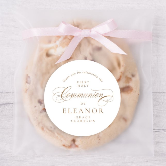 Sticker Rond Or Élégante calligraphie Premier Merci Communion (Créateur téléchargé)