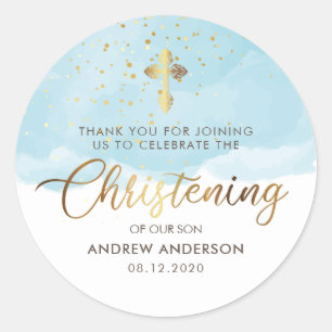 Sticker Rond Or Et Bleu Aquarelle Garçon Merci Christening