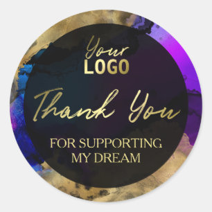 Sticker Rond Or Et Merci D'Encre Bleu Pour Votre Achat