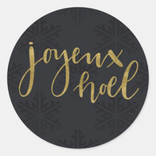 Sticker Rond Or JOYEUX NOEL Fêtes Hiver Noir Flocons de neige