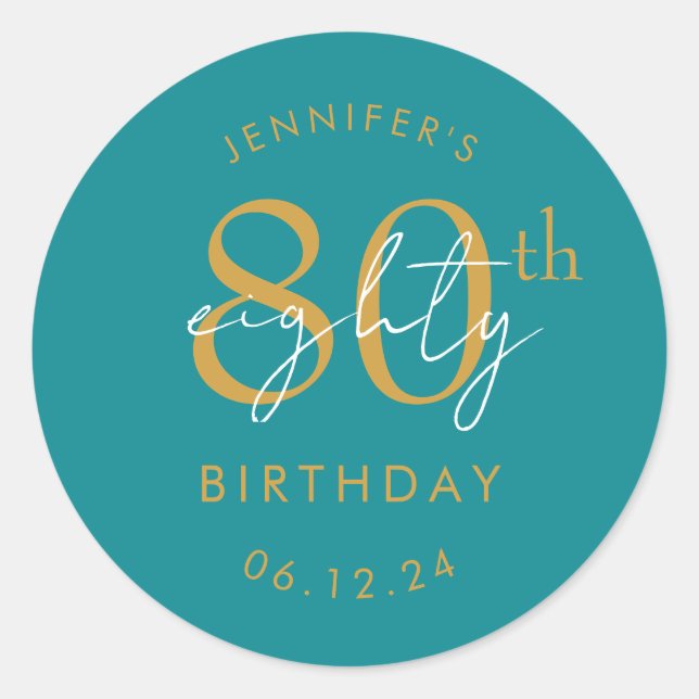 Sticker Rond Or Moderne Script 80e Anniversaire Turquoise  (Devant)