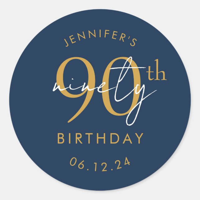 Sticker Rond Or Moderne Script 90e Anniversaire Fête Bleu Nuit  (Devant)