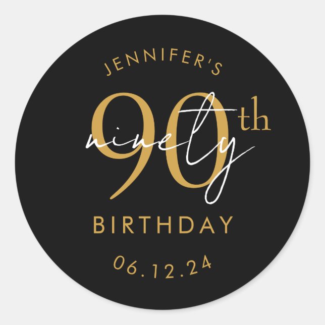 Sticker Rond Or Moderne Script 90e Anniversaire Fête Noir (Devant)