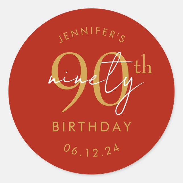 Sticker Rond Or Moderne Script 90e Anniversaire Parti Rouge  (Devant)