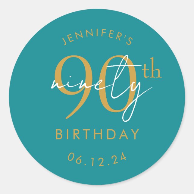 Sticker Rond Or Moderne Script 90e Anniversaire Turquoise  (Devant)