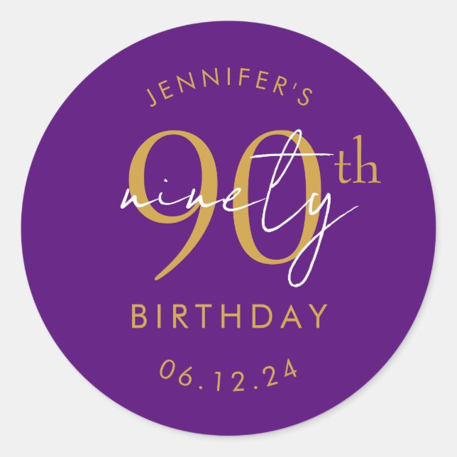 Sticker Rond Or Moderne Script 90e Anniversaire Violet  (Devant)