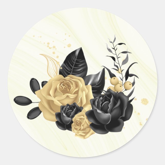 Sticker Rond or & noir floral merci mariage (Devant)