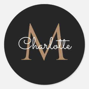 Sticker Rond Or noir Monogramme Élégant Script Féminin