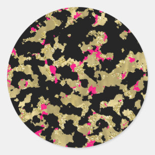 Sticker Rond Or Noir Pailleté Abstrait Rose Chaud Glamour qui s